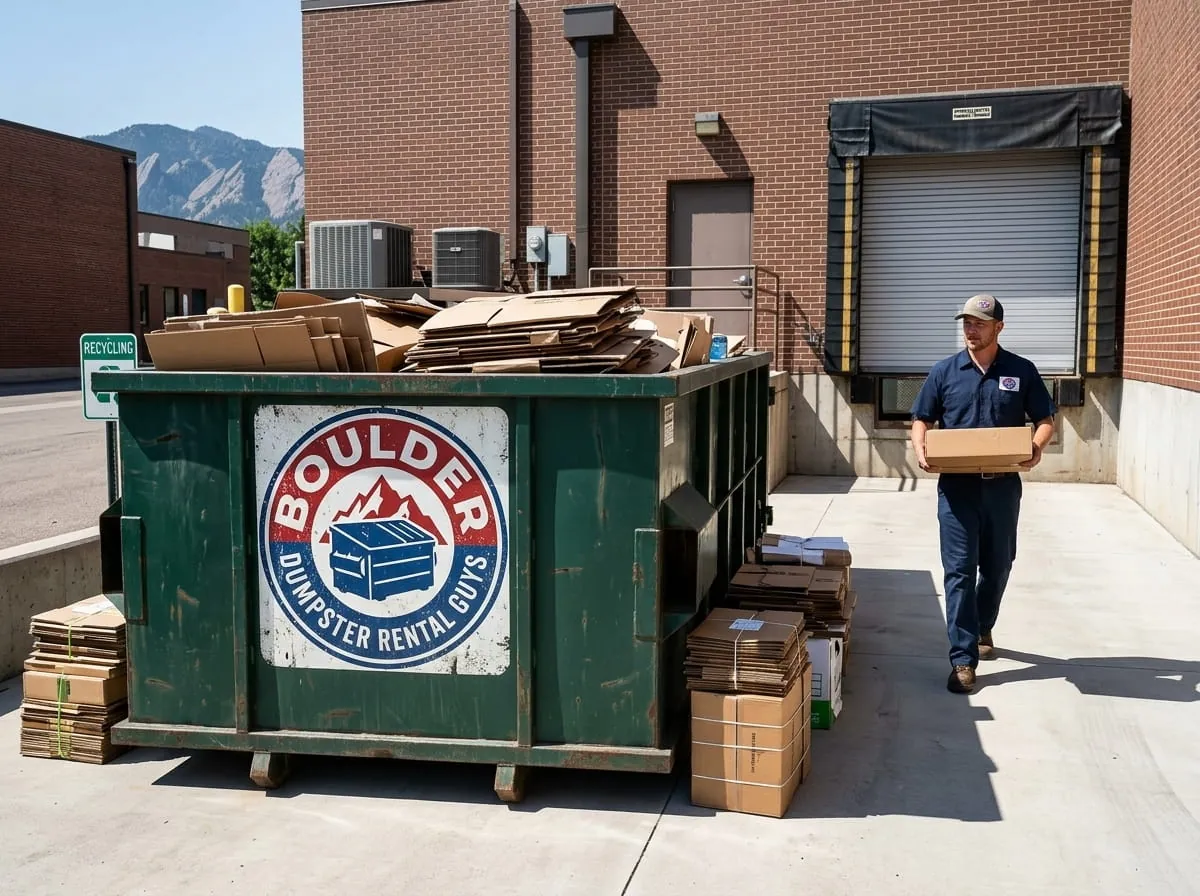 Commercial dumpster rental in Boulder, CO Commercial roll-off dumpster in a Boulder CO business parking lot