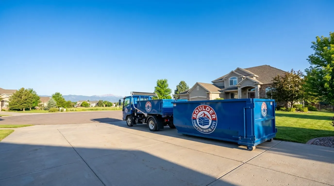 Dumpster rental in Frederick, CO Roll-off dumpster rental delivered to a Frederick, CO property by Boulder Dumpster Rental Guys